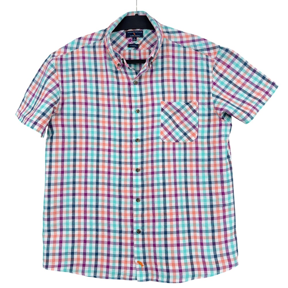 Margaritaville Island Reserve Banyan Mens L Linen Cotton Plaid Multicolor Shirt